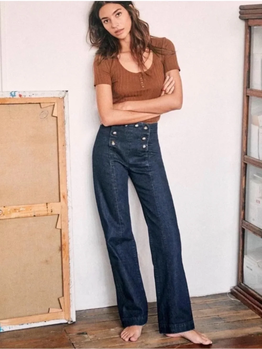 Sézane Le Parisien Jeans High Rise Sailor Wide Leg Dark Wash Denin Sz 36/4